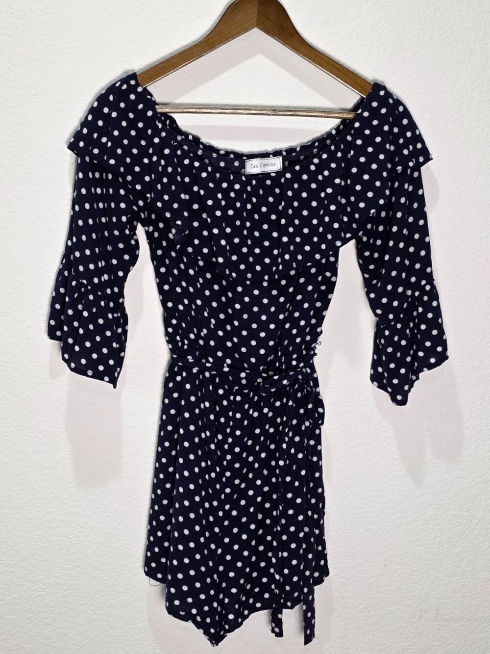 Ces Femme Polka Dot Off-The-Shoulder Romper Size S
